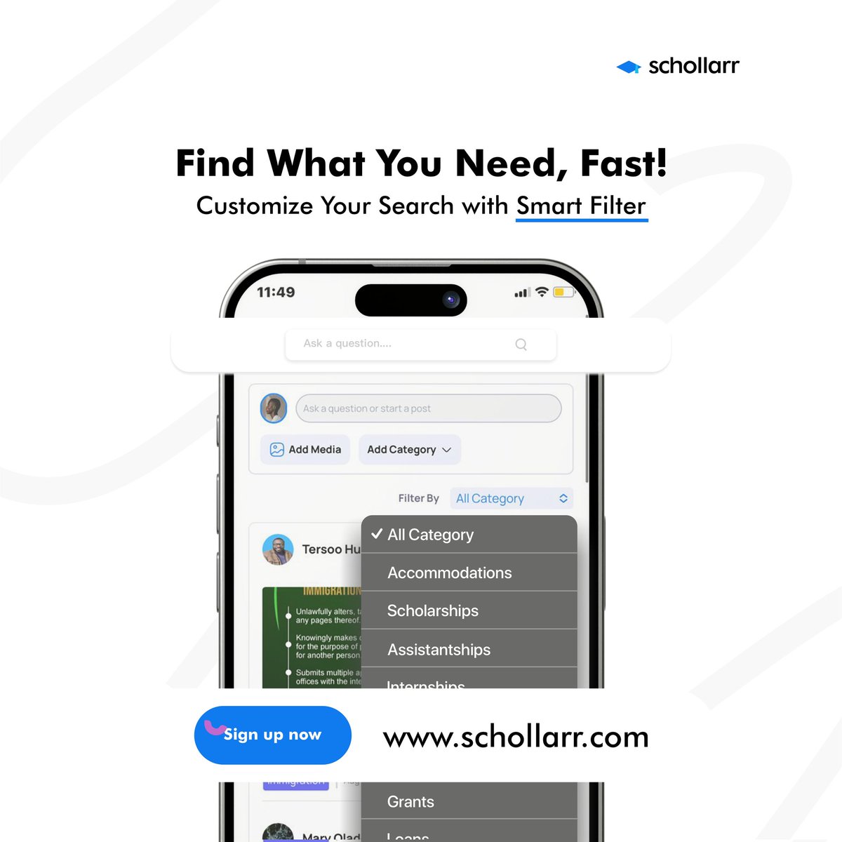 SchollarrHQ's tweet image. Stop endless scrolling!

Easily find scholarships &amp;amp; programs matching your study abroad goals with Schollarr&apos;s Smart Filter tool. Customize by country or stage &amp;amp; get relevant info instantly. 

Join for FREE at schollarr.com 

#Schollarr #StudyAbroad  #SmartFilter
