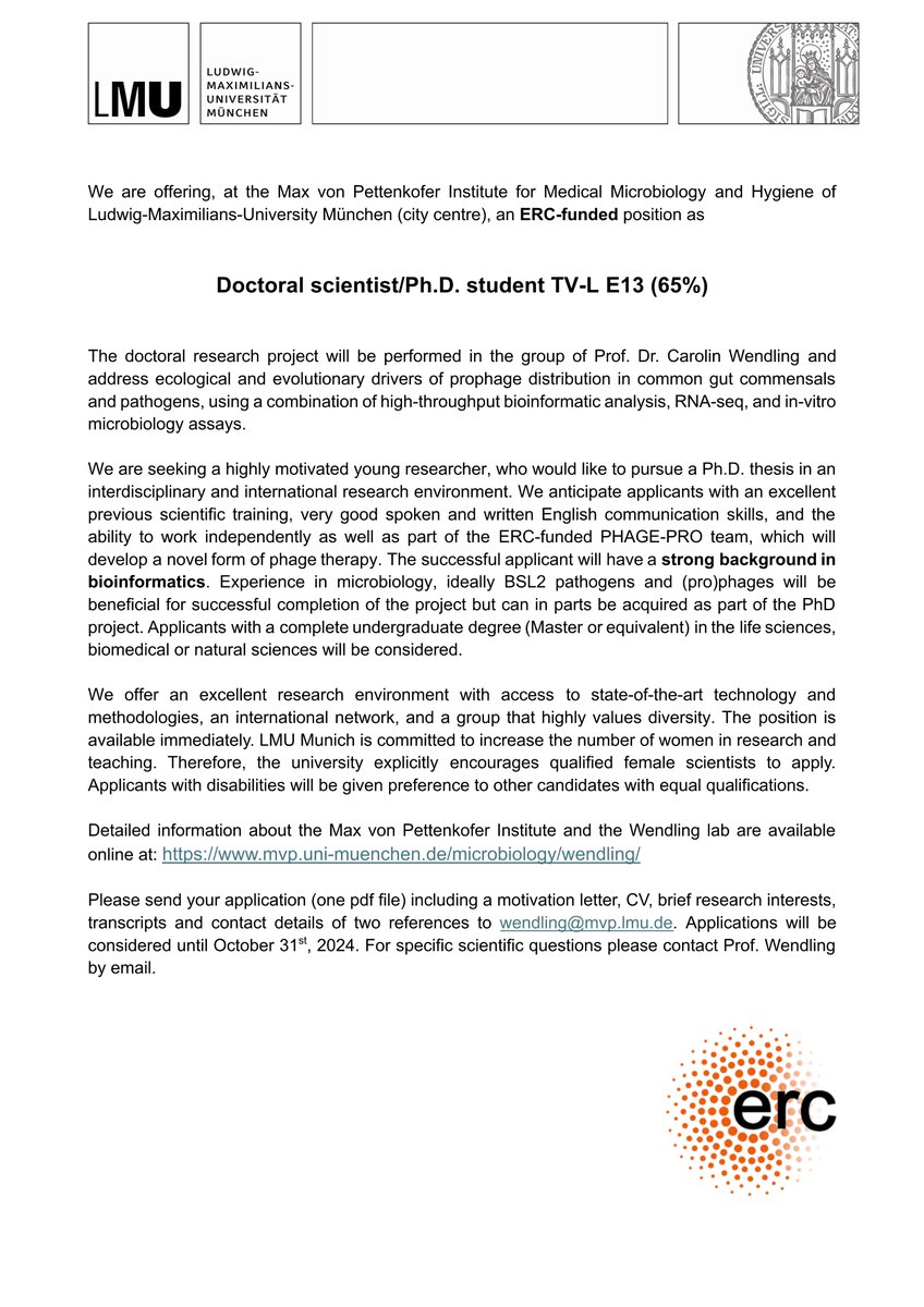 Carolin Wendling ๎จ (@ccwendling) on Twitter photo We are hiring! 1 PhD position available within our newly-funded <a href="/ERC_Research/">European Research Council (ERC)</a> project
#PHAGEPRO <a href="/LMU_Muenchen/">Universitรคt Mรผnchen</a>. We are looking for a candidate with a strong background in bioinformatics! ChatGPT-generated applications will not be considered. Watch๐to learn more about the project We are hiring! 1 PhD position available within our newly-funded <a href="/ERC_Research/">European Research Council (ERC)</a> project
#PHAGEPRO <a href="/LMU_Muenchen/">Universitรคt Mรผnchen</a>. We are looking for a candidate with a strong background in bioinformatics! ChatGPT-generated applications will not be considered. Watch๐to learn more about the project
