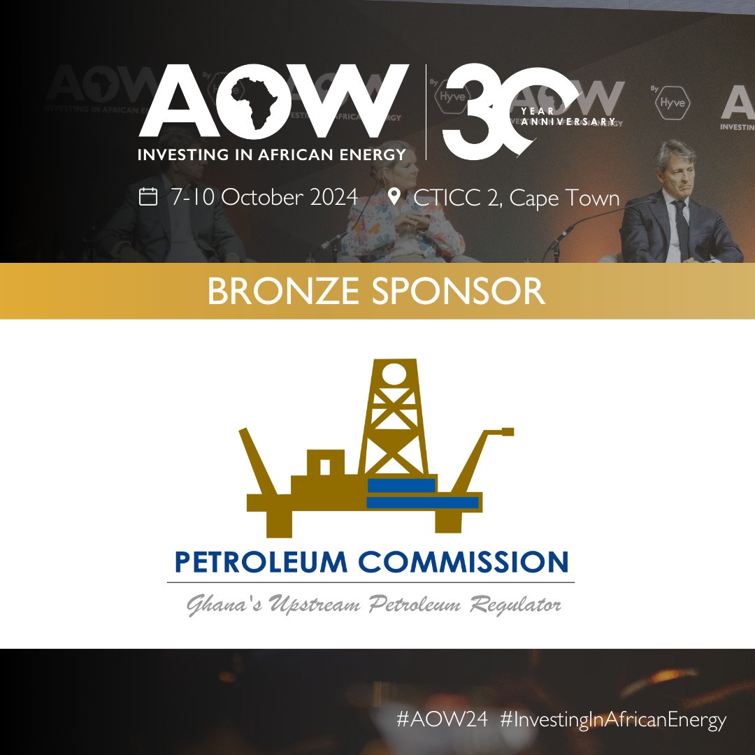 We are proud to welcome the Petroleum Commission of Ghana as a sponsor at #AOW2024! 

Join us at #AOW2024 and connect with leaders shaping the future of Africa's energy! Get your ticket to #AOW2024 here: eu1.hubs.ly/H0cFz8h0