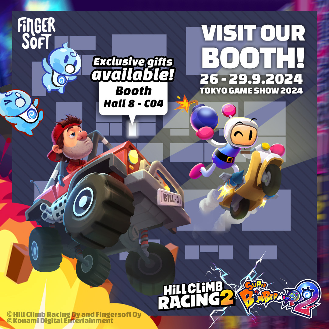 #Fingersoft is live at Tokyo Game Show! Catch us at Hall 8 - C04 to experience the epic #HillClimbRacing2 x Super Bomberman R 2 crossover! 💥 Swing by our booth and score some explosive rewards! See you at #tgs2024!