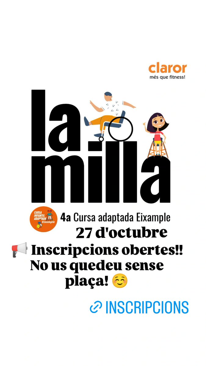 Inscripcions obertes de la 4a cursa infantil adaptada de l'Eixample!!! 🥳🥳🥳 No us quedeu sense plaça!!
Inscripcions a claror.cat/inscripcio-la-…