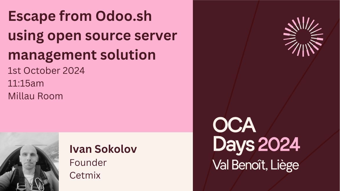 OdooCommunity's tweet photo. #OCADays2024 are next week!

Escape from https://t.co/7NmnB5icVP using open source server management solution  - Ivan Sokolov 
https://t.co/Rytk8fCXFi 

Tuesday 1st October - 11:15am
Millau Room
Streaming on our YouTube Channel https://t.co/CDWkNzdTal

#odoocommunityassociation https://t.co/e3H8FqkXDr