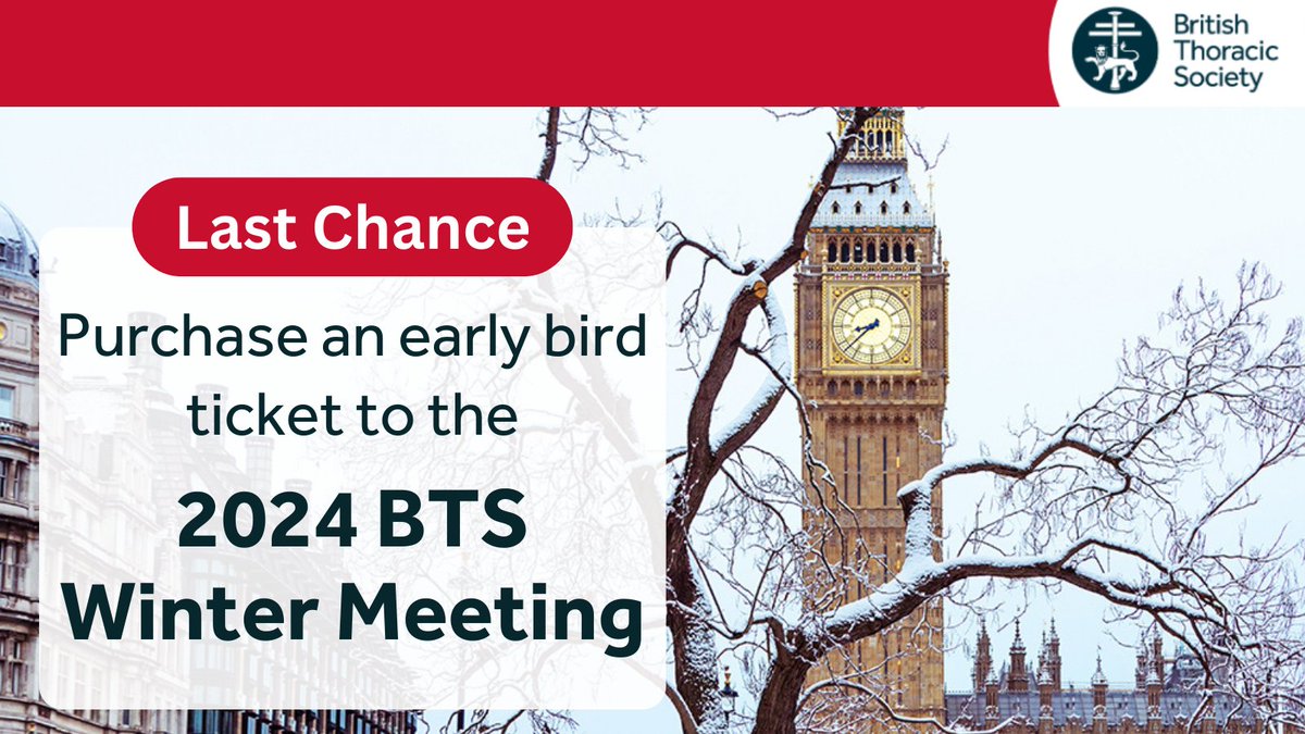 The early bird rate for Winter Meeting tickets ends on 1 October at 2pm. To secure your ticket at the early bird rate, book your ticket now: brit-thoracic.org.uk/education-and-…

#BTSWinter2024 #RespIsBest #LungHealth