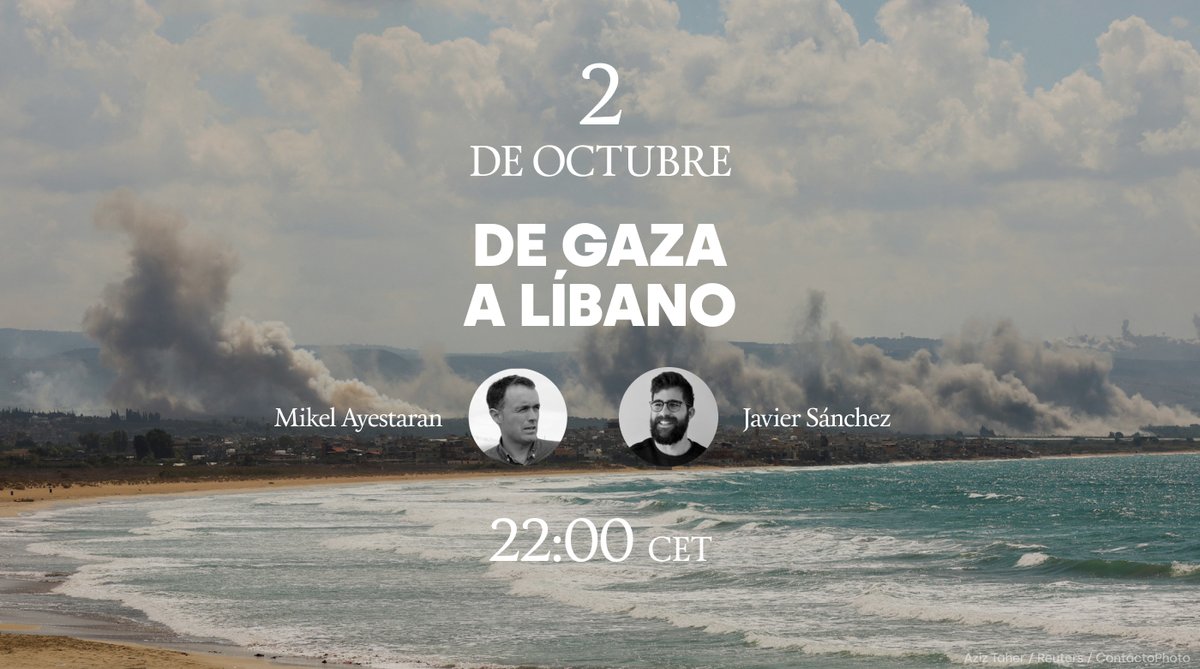 revista5W's tweet photo. 🟪 TWITCH | 🇱🇧🇵🇸 De Gaza a Líbano

A punto de cumplirse un año de asedio en Gaza, @mikelayestaran repasará con @miradacronica_ la situación en la Franja y la posible ofensiva terrestre de Israel en Líbano.

En directo el próximo 2 de octubre, a las 22:00h (CET) https://t.co/lVqn9cKmvH