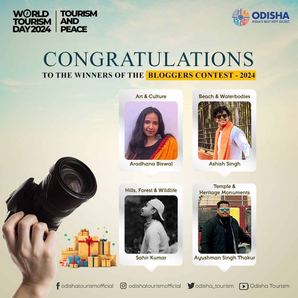 From breath-taking landscapes to heart-warming encounters, our World Tourism Day 2024 Bloggers Contest winners have shared it all. Congratulations to these exceptional storytellers who have transported us to Odisha's distant lands with their narratives. 

#WTDWinners