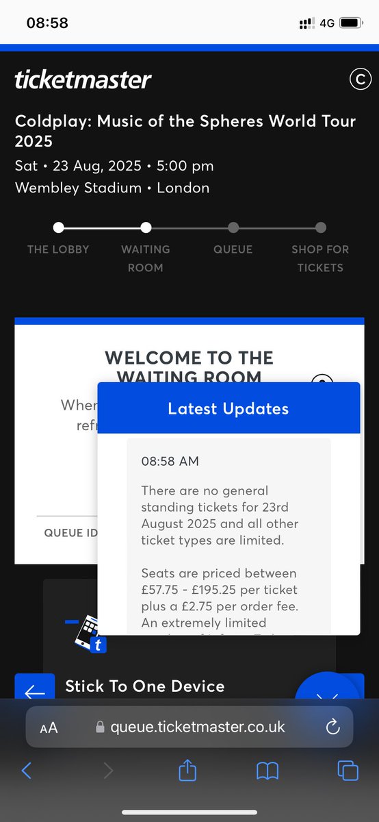 LastraClara's tweet photo. @TicketmasterUK  why are you letting us do a queue with no tickets left? @coldplay #Coldplay2025 #Ticketmaster https://t.co/ZWXTUagDaj