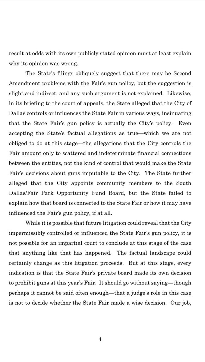TX SUPREME COURT slams AG’s Office in order allowing State Fair to ban guns. “This Court cannot possibly order the State Fair to allow
handguns to be carried at this year’s Fair when the party seeking that
relief does not even argue that Texas law obligates the Fair to do so.”