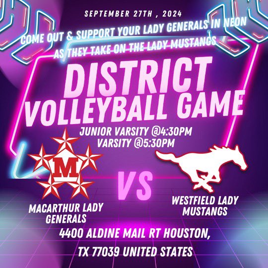 MacGeneralsVB's tweet image. Meet us on The Route in your Neon! 
@AldineSports @MacGenAthletics
