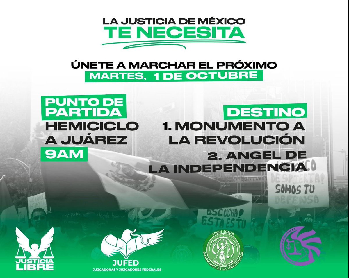 📢 ¡La justicia de México te necesita, únete!

🗓️ 1 de octubre 
🕘 9:00 am
📍Hemiciclo a Juárez