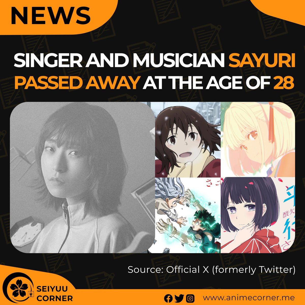 seiyuucorner's tweet photo. Japanese singer and musician Sayuri passed away on September 20 at the age of 28.

She was known for performing the ending songs for Scum's Wish, Lycoris Recoil, My Hero Academia Season 4, and Erased. https://t.co/3oSlxJ0nBX