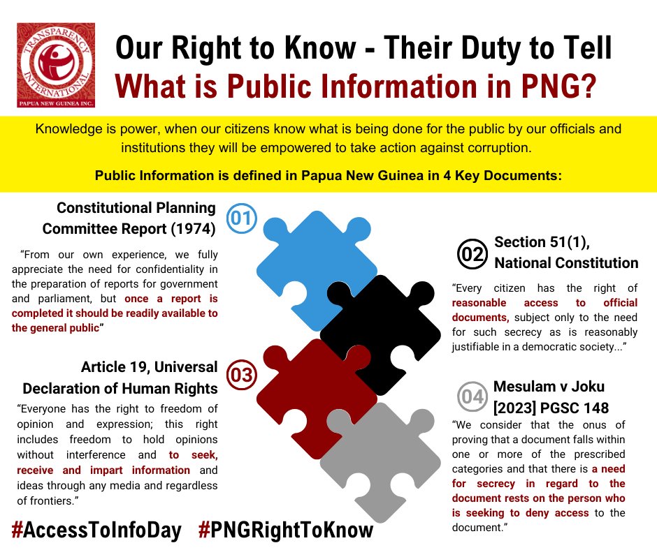 TI_PNG's tweet photo. Information is Power! To mark #AccessToInfoDay TIPNG is sharing a guide to #PNGRightToKnow, drawing from #PNGConstitution, Case Law and International Commitments. Read more: https://t.co/7UpN3MLdC1 https://t.co/PRmfaMAffz