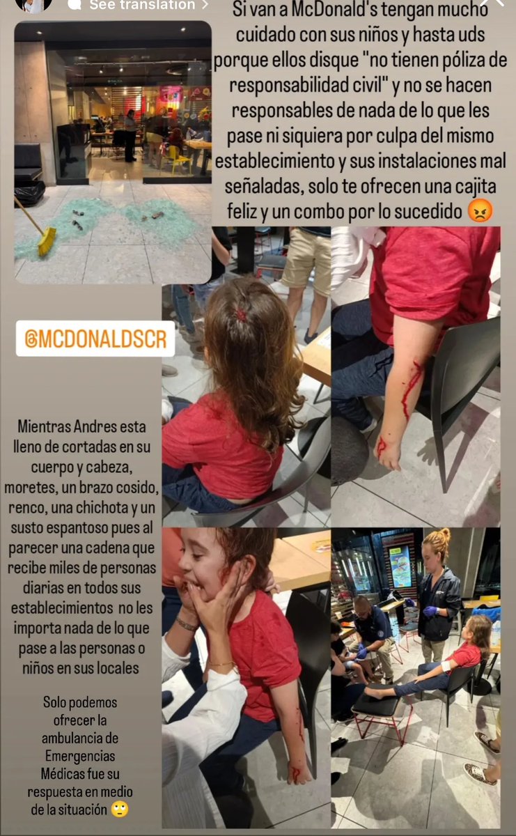 _Karla82's tweet photo. @La_Republica @mcdonaldscr ¿Saben dónde las puertas no están abiertas? En @mcdonaldscr Plaza del Sol, donde por una negligencia de un cambio de puerta de vidrio SIN señalización, 2 niños se estrellaron contra el vidrio, con obvio impacto físico. ¿La respuesta? Ofrecerles una cajita feliz🤦🏽‍♀️ https://t.co/K6i9zrxNvi