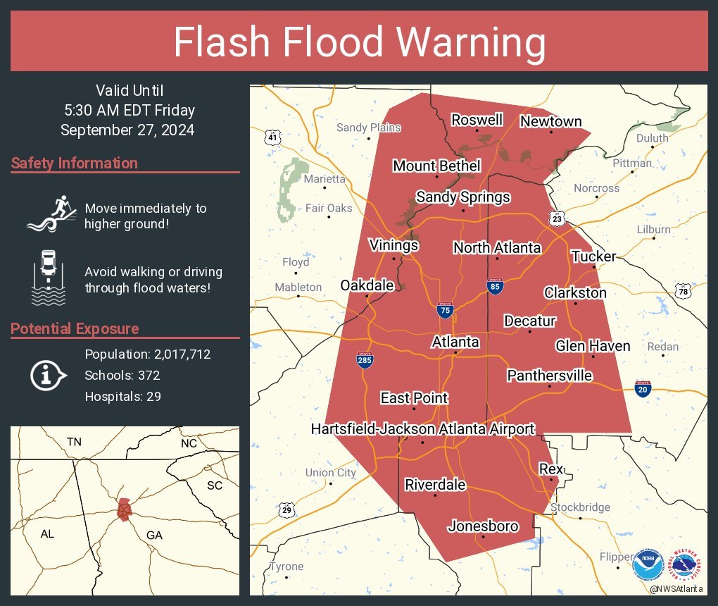 LimWeather's tweet photo. #FlashFloodWarning in N #georgia esp #Atlanta,#SandySprings,#JacksonGA,#EastCobb,#Lawrenceville,#SouthFulton,#northAtlanta! Pls #Turnarounddontdrown! #Wxtwitter #Wxx #Flashflood #tropicswx #severewx #HurricaneHelene #Hurricane #helene #GAwx https://t.co/YLB7WIrWcz