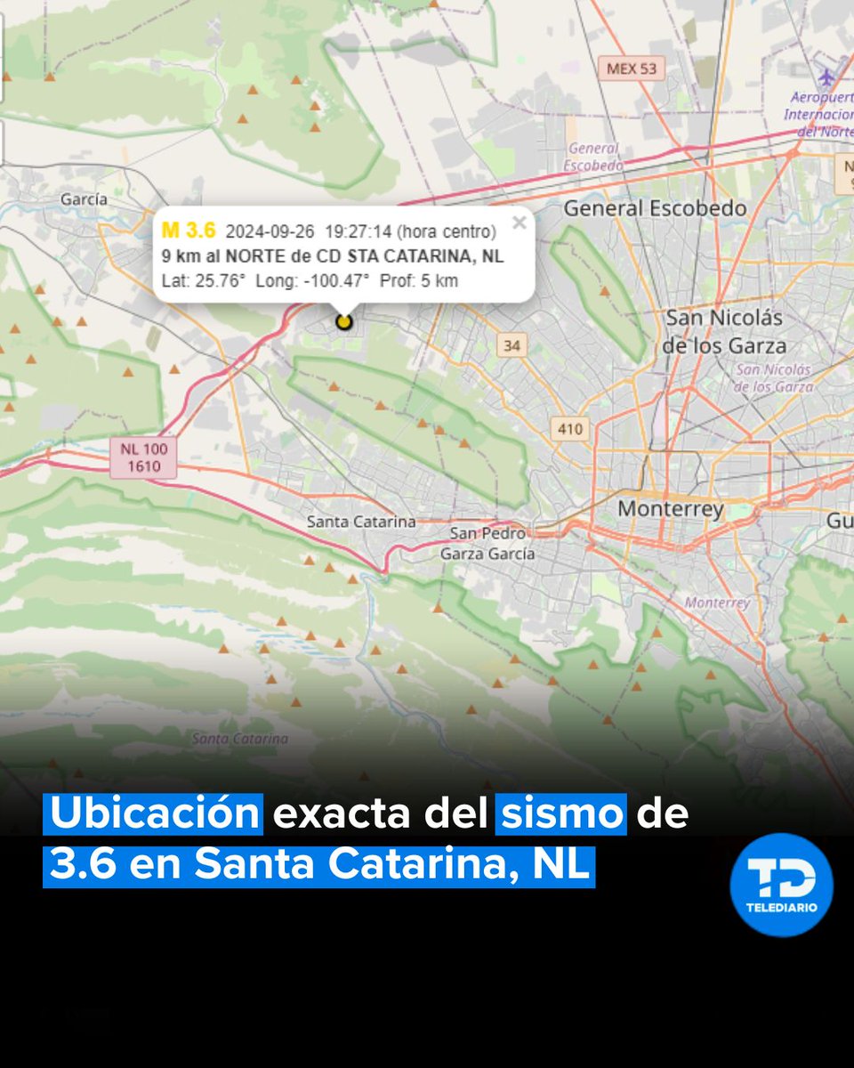 telediariomty's tweet photo. 🚨 De acuerdo con información del SSN, el temblor fue registrado en las coordenadas Lat: 25.76°  Long: -100.47°  Prof: 5 km, en los límites de Santa Catarina con Monterrey y García. 📍

#Telediario #sismo #SantaCatarina #Temblor #NuevoLeón https://t.co/eiGehTPGQu