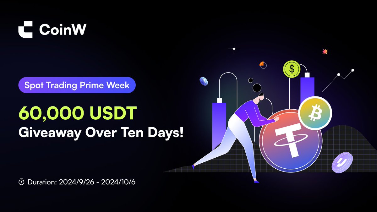 CoinWOfficial's tweet photo. Spot Trading Prime Week: 60,000 $USDT Giveaway Over Ten Days! Eligible users can share a prize pool of 60,000 USDT, with a chance to win up to 515 USDT! #CoinW

📅 Date: Sep 26, 4 PM - Oct 6, 4 PM (UTC)

Learn more: https://t.co/YVXBSBTCqP https://t.co/oWetgnCSrX