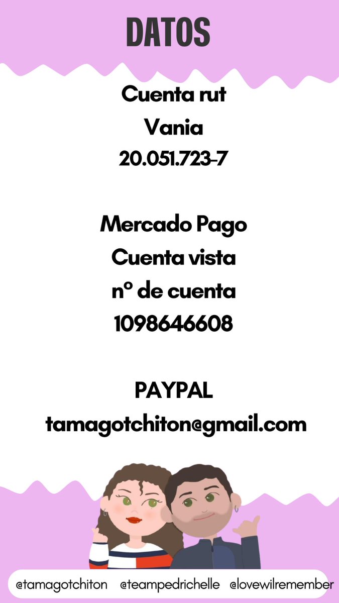 Rifa - 200 números #Chama3331

Valor: $1000

🛶Cuenta rut 

Vania 
20.051.723-7  

🛶Mercado Pago  

 20.051.723-7 
Cuenta vista 
N° de cuenta
1098646608

🛶Paypal: tamagotchiton@gmail.com

#granhermanochv #granhermanochile #GranHermano