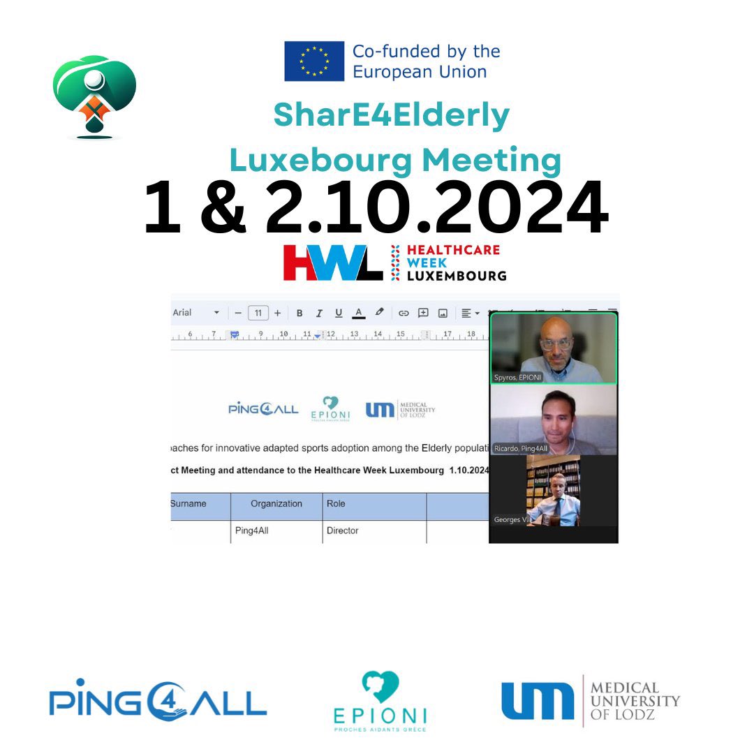 ➡️ Partners met virtually on September 25, 2024, to discuss their upcoming meeting in Luxembourg on October 1st and 2nd, which will take place during Health Week Luxembourg. <a href="/SharE4Eldery/">SharE4Elderly</a> <a href="/Ping4AllLu/">Ping4All</a> 

<a href="/Ping4AllLu/">Ping4All</a>