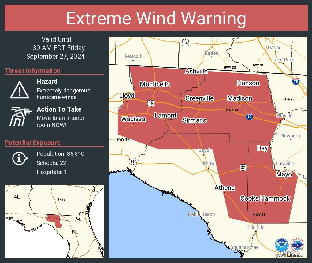 LimWeather's tweet photo. #ExtremeWindWarning for #Florida #BigBend esp #MadisonFL,#Monticello,#Mayo,#GreenvilleFL! PLS #TAKECOVER NOW! #Wxtwitter #Wxx #Tropicswx #HurricaneHelene #FLwx #Helene #Hurricane https://t.co/XCWYSwnkGB