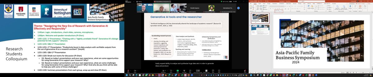 Pi-Shen Seet (@pishenseet) on Twitter photo Yesterday, we held our 7th Asia-Pacific #FamilyBusiness Symposium on #zoom. The research student workshop's topic was on 'Navigating the New Era of Research with #GenAI Effectively & Responsibly".
<a href="/EdithCowanUni/">Edith Cowan University (ECU)</a>
<a href="/UWAresearch/">UWA Research</a>
<a href="/UniofAdelaide/">Uni of Adelaide</a>
<a href="/Macquarie_Uni/">Macquarie University</a>
<a href="/nottinghamuniv/">nottinghamuni</a>
#ECUSBL Yesterday, we held our 7th Asia-Pacific #FamilyBusiness Symposium on #zoom. The research student workshop's topic was on 'Navigating the New Era of Research with #GenAI Effectively & Responsibly".
<a href="/EdithCowanUni/">Edith Cowan University (ECU)</a>
<a href="/UWAresearch/">UWA Research</a>
<a href="/UniofAdelaide/">Uni of Adelaide</a>
<a href="/Macquarie_Uni/">Macquarie University</a>
<a href="/nottinghamuniv/">nottinghamuni</a>
#ECUSBL