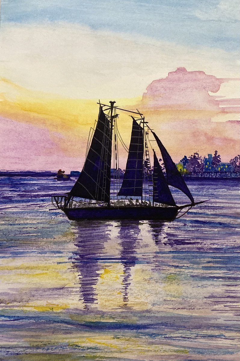 New painting… Sunset 🌅💜 #sailboat #watercolorpainting #watercolor #seascape #silhouette