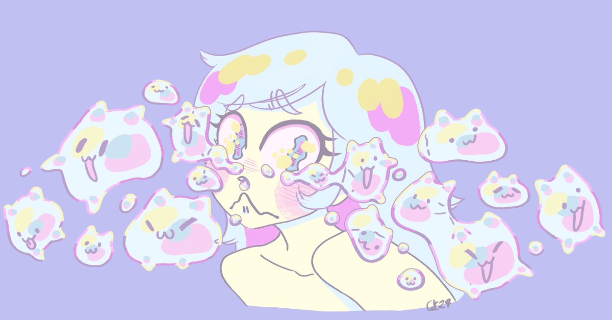 orangecatgutz's tweet image. Her tears turn into cute cats that she names but they evaporate. So she cries again, creating a vicious cycle of cute cats, death and tears.
#Styiart #StygiOC #Pastelaesthetic