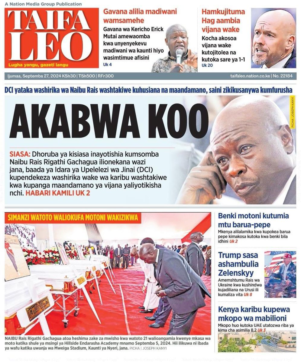 missogutu's tweet photo. 27/9/2024 Kenya newspapers headlines #impeachment #Israel #Maandamano #mamangina #RiggyG #earthquake https://t.co/DTJhXPu6jV