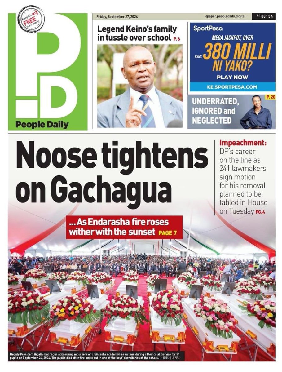 missogutu's tweet photo. 27/9/2024 Kenya newspapers headlines #impeachment #Israel #Maandamano #mamangina #RiggyG #earthquake https://t.co/DTJhXPu6jV