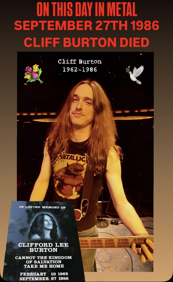 ThisDayInMETAL's tweet photo. 💔 Sept 27th 1986 #CliffBurton legendary bassist with Metallica passed away. #RIP  #HeavyMetal #OnThisDay #ThisDayInMetal 

Did you know...
Metallica wrote a tribute to Burton titled "To Live Is to Die" for the album ...And Justice for All. https://t.co/k5jtO2XtuE