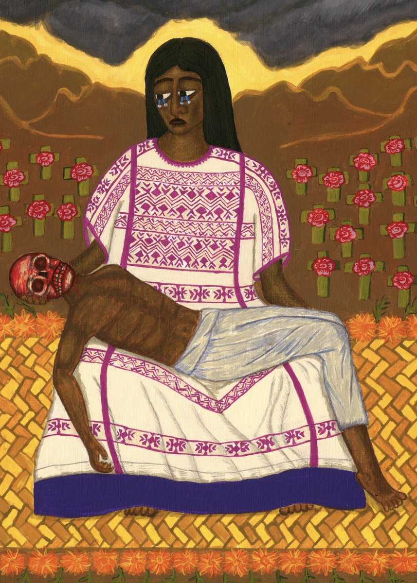 Madre de Ayotzinapa 
Esta es la primera obra que pinté después de la desaparición forzada de los 43 estudiantes de Ayotzinapa hace 10 años. Ha pasado un decenio de impunidad; 3,650 días de la lucha incansable de los padres en la búsqueda de justicia.