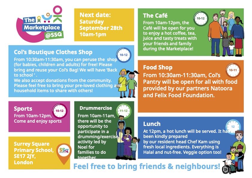 Old Kent Road Family Zone (@okrfz) on Twitter photo TOMORROW!
The Marketplace returns <a href="/SurreySqSchool/">Surrey Square School</a>
💚Col’s Boutique Clothes Shop
💛Food Shop provided by our partners
<a href="/Natoora/">Natoora</a> and <a href="/felixprojectuk/">thefelixproject</a>
💜Drummercise Workout with Noel👇📸
Plus Sports, the Café and of course a free lunch from Kam!😋
Pls share the word. TOMORROW!
The Marketplace returns <a href="/SurreySqSchool/">Surrey Square School</a>
💚Col’s Boutique Clothes Shop
💛Food Shop provided by our partners
<a href="/Natoora/">Natoora</a> and <a href="/felixprojectuk/">thefelixproject</a>
💜Drummercise Workout with Noel👇📸
Plus Sports, the Café and of course a free lunch from Kam!😋
Pls share the word.