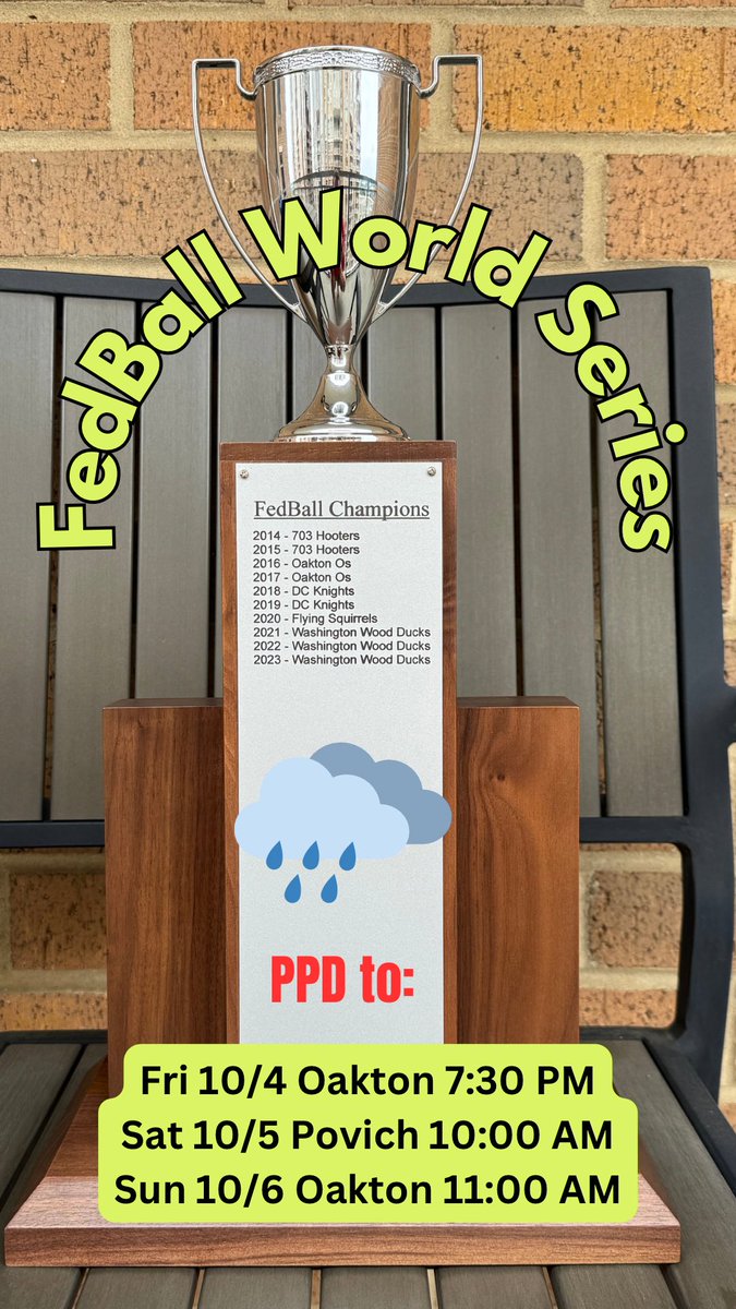 ‼️FedBall World Series PPD‼️

Gm 1:  🗓️: Fri 10/4 📍: Oakton HS 🕰️: 7:30 PM
Gm 2: 🗓️: Sat 10/5📍: Povich 🕰️: 10:00 AM
Gm 3: 🗓️: Sun 10/6📍: Oakton HS 🕰️: 11:00 AM