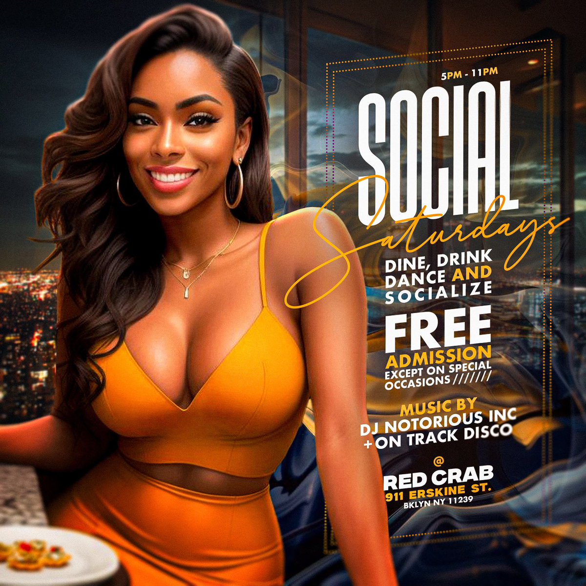 ontrackdisco's tweet photo. Every Saturday 7pm - 11pm 

SOCIAL SATURDAYS
Dine, Drink, Dance &amp; Socialize 

@ RED CRAB
911 ERSKINE STREET 
BKLYN NY 11239

Music by 
Dj Notorious Inc. + On Track Disco https://t.co/E9g5wbHZaE