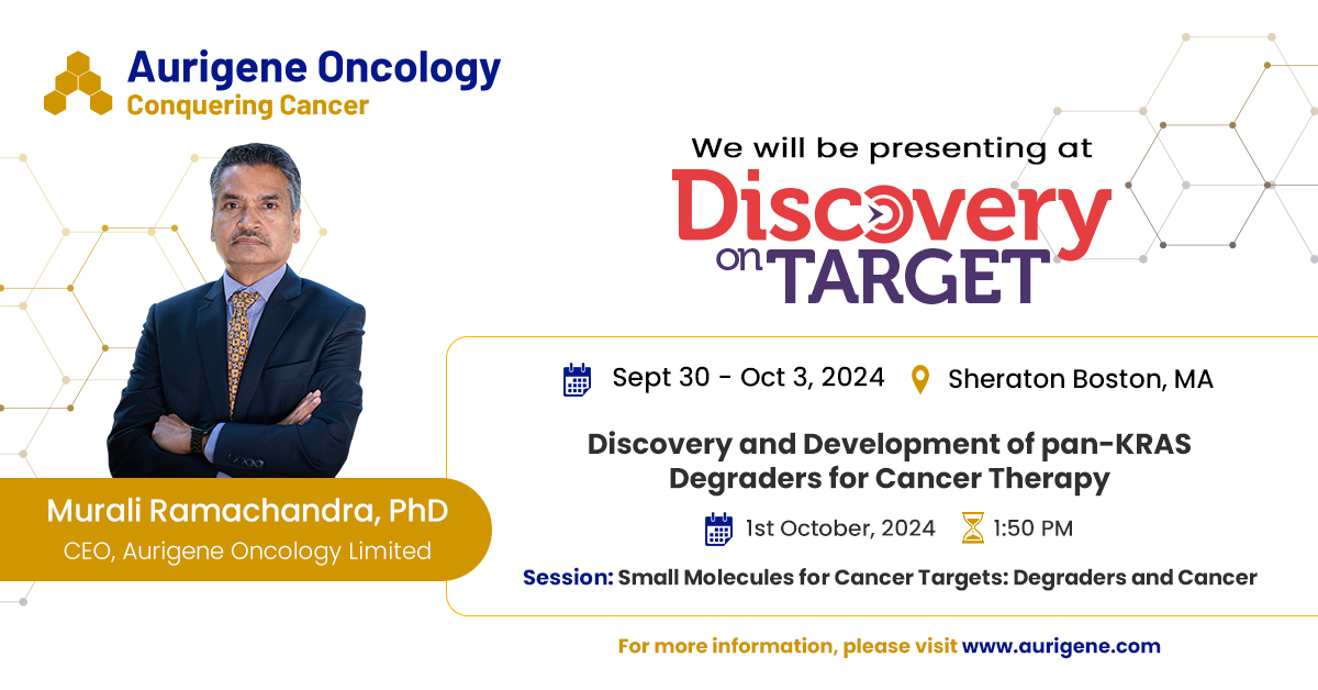 AurigeneOnco's tweet photo. Our CEO, @MuraliRamachan5 will present @AurigeneDiscov's innovative approach to developing Pan-KRAS degraders at the 22nd Annual Discovery on Target conference, to be held from 🗓 Sept 30th – Oct 3rd in 📍 #Boston #USA 
@CHI_Healthtech 
#BostonDOT24 #cancer https://t.co/UYKzAyvbq2