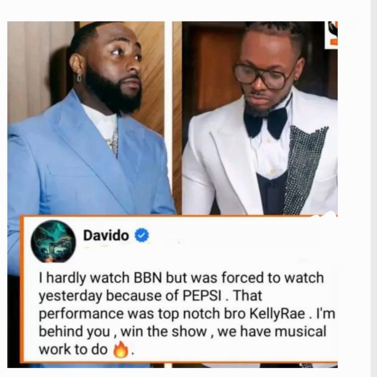 reloadedRoberts's tweet photo. @davido is it true that you are supporting Kellyrae, one of the Housemates in the @BBNaija Season 9? https://t.co/WJWPm8B80b