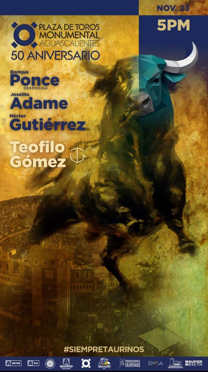𝟱𝟬 𝗔𝗡𝗜𝗩𝗘𝗥𝗦𝗔𝗥𝗜𝗢
𝗣𝗟𝗔𝗭𝗔 𝗗𝗘 𝗧𝗢𝗥𝗢𝗦
𝗠𝗢𝗡𝗨𝗠𝗘𝗡𝗧𝗔𝗟 𝗗𝗘 𝗔𝗚𝗨𝗔𝗦𝗖𝗔𝗟𝗜𝗘𝗡𝗧𝗘𝗦
•Noviembre 23•
5:00 pm
Enrique PONCE
Joselito ADAME 
Héctor GUTIÉRREZ
#aguascalientes