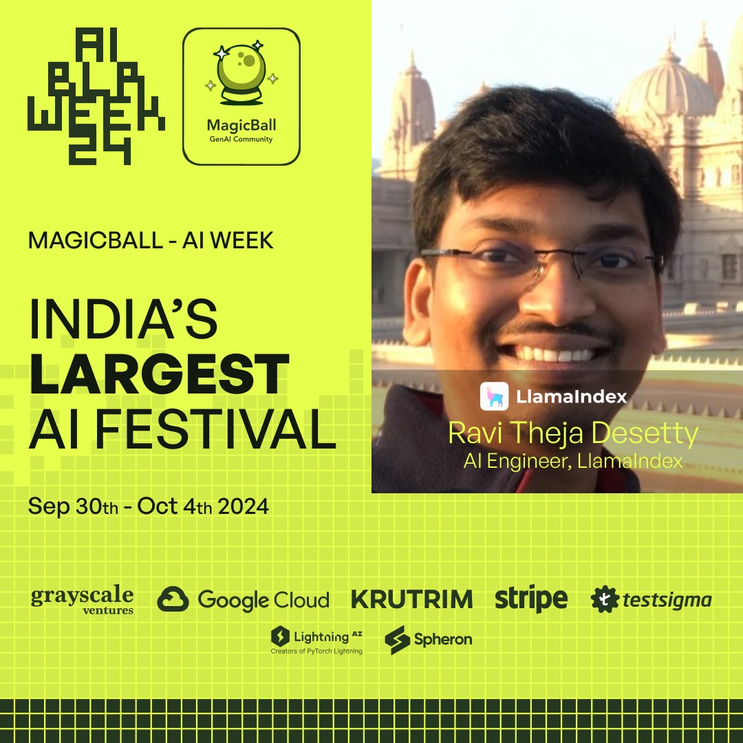 ravithejads's tweet photo. Excited to share that I’ll be speaking about Multimodal RAG capabilities with LlamaCloud and LlamaParse from @llama_index on September 30th at MagicBall - AI Week, organised by @grayscale_vc https://t.co/Y9ani8M2wY