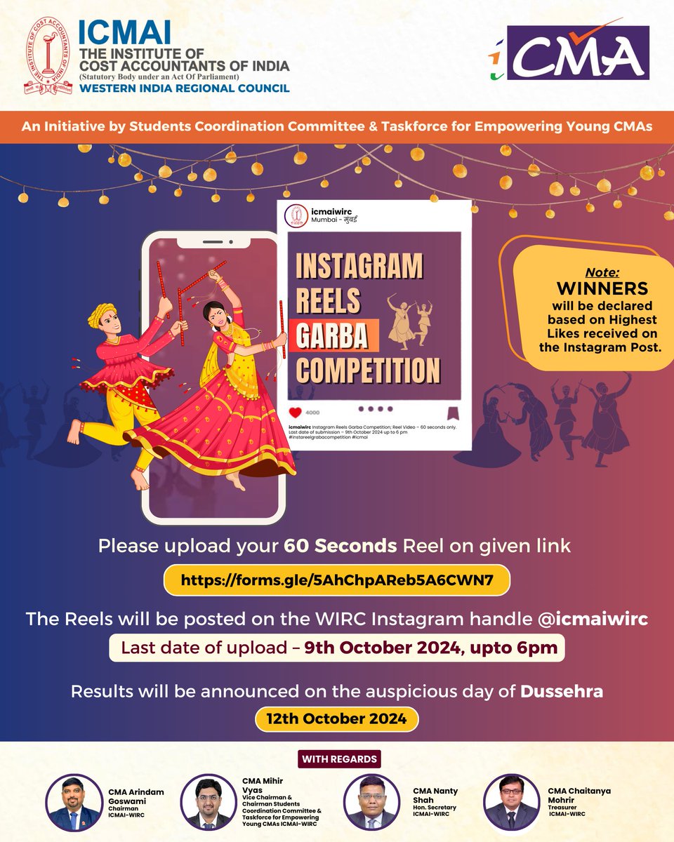 icmaiwirc's tweet photo. Get ready to Garba! ICMAI-WIRC presents Instagram Reels Garba Competition! Share your 60-sec Reel by Oct 9, 6 pm. Highest likes win! @icmaiwirc #ICMAIWIRC #CMA #GarbaCompetition #WIRCReels https://t.co/4uiUfuFD57