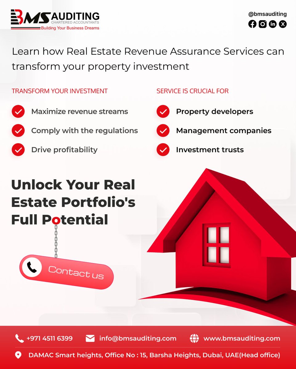 bms_auditing's tweet photo. Unlock Your Real Estate Portfolio's Full Potential

Learn how Real Estate Revenue Assurance Services can transform your property investment: 
Maximize revenue streams 
Make sure you comply with the regulations 
Drive profitability https://t.co/PByDD40GKJ