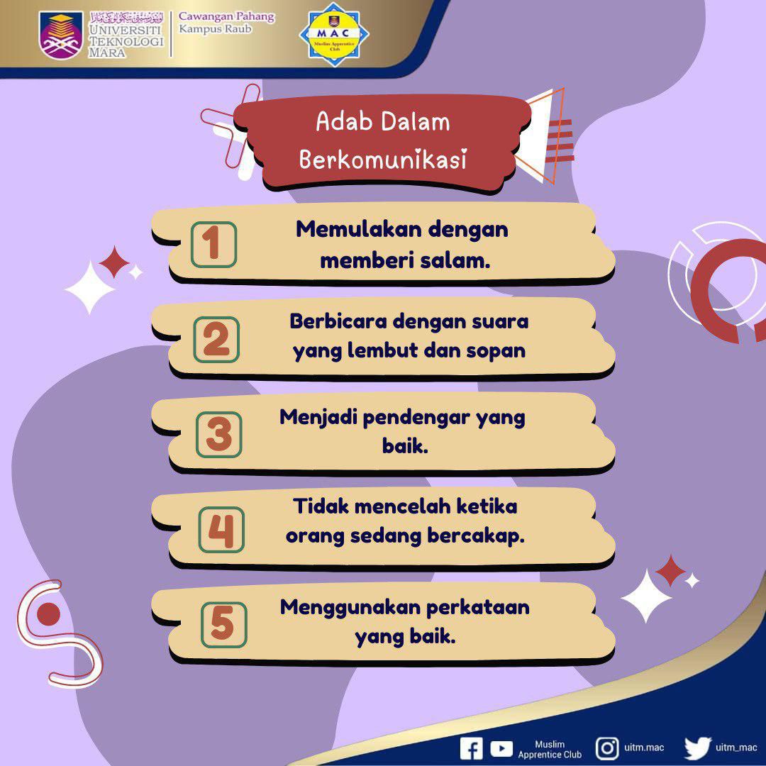 uitm_mac's tweet photo. Kita pasti akan sentiasa bertemu dengan sahabat-sahabat baru untuk berkomunikasi. Oleh itu, bersempena dengan kemasukkan pelajar-pelajar baharu pada sesi semester baharu ini, mari kita terokai adab-adab berkomunikasi yang perlu diamalkan. ✨ https://t.co/9p85BLoS7K