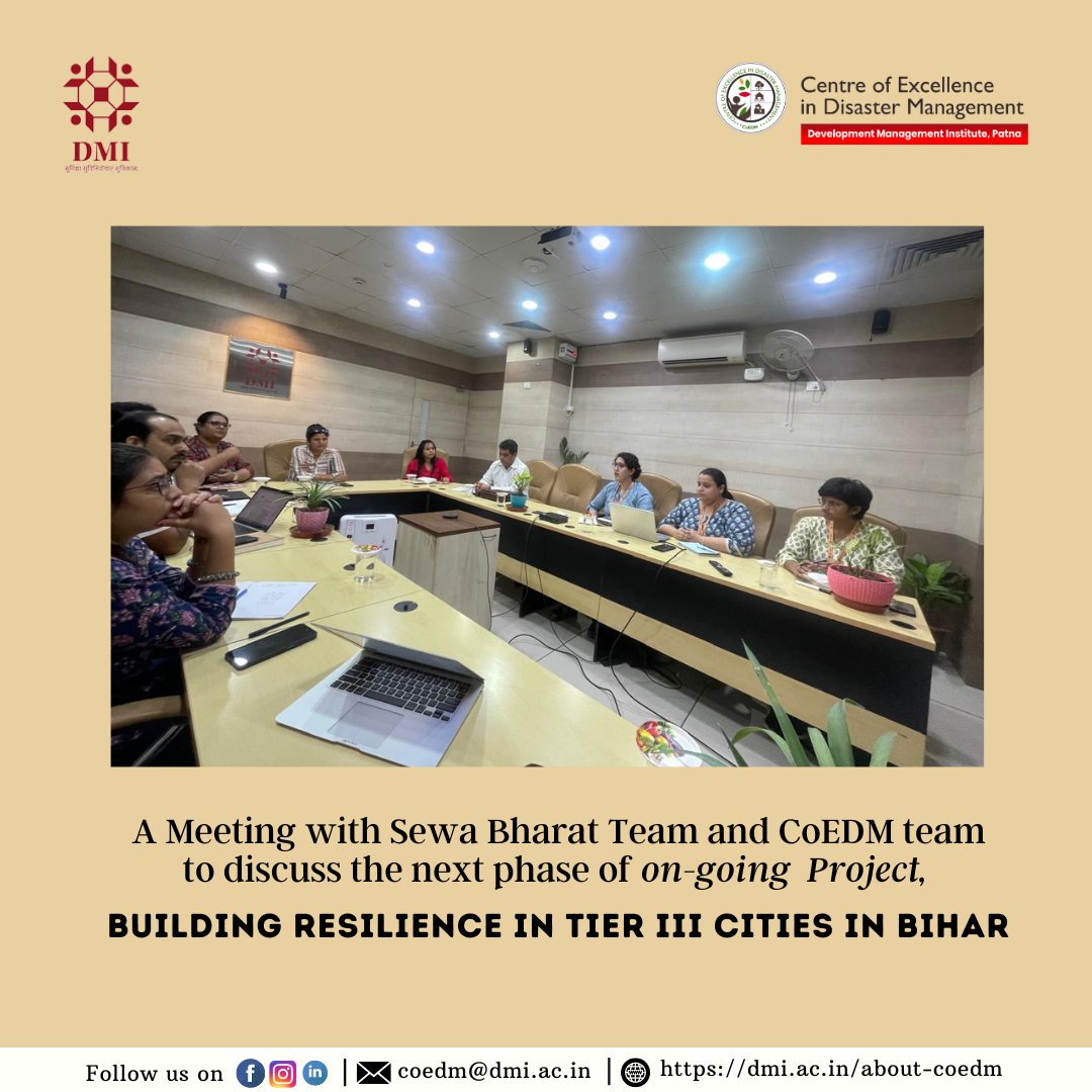 CoEDM_DMI's tweet photo. A productive meeting btw @SEWABharat & @CoEDM_DMI , @DMI_Patna to strategize the next phase of the ongoing project, 'Building Resilience in Tier III Cities in Bihar.'
#ResilientCities #CoEDM #SewaBharat #TierIIICities #BiharResilience #BuildingResilience #CommunityPreparedness https://t.co/ZunJYwrMdt