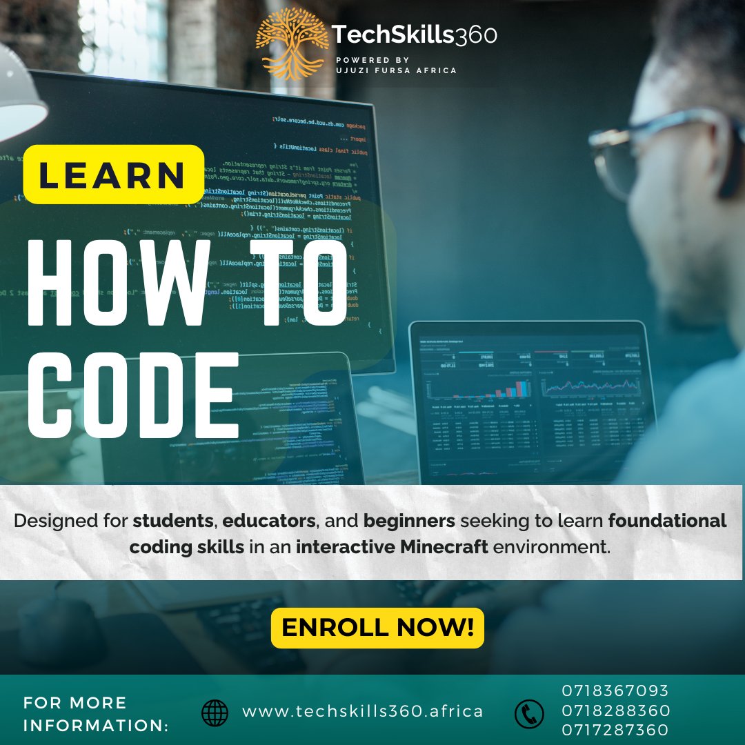 TechSkills360ke's tweet image. Ignite Creativity with Coding!
This holiday, register for our Coding in Minecraft Capstone Credential program at TechSkills360! With schools closing in just a month, now is the perfect time to join our Digital Skills Bootcamp.
#CodingInMinecraft #DigitalSkills #TechSkills360