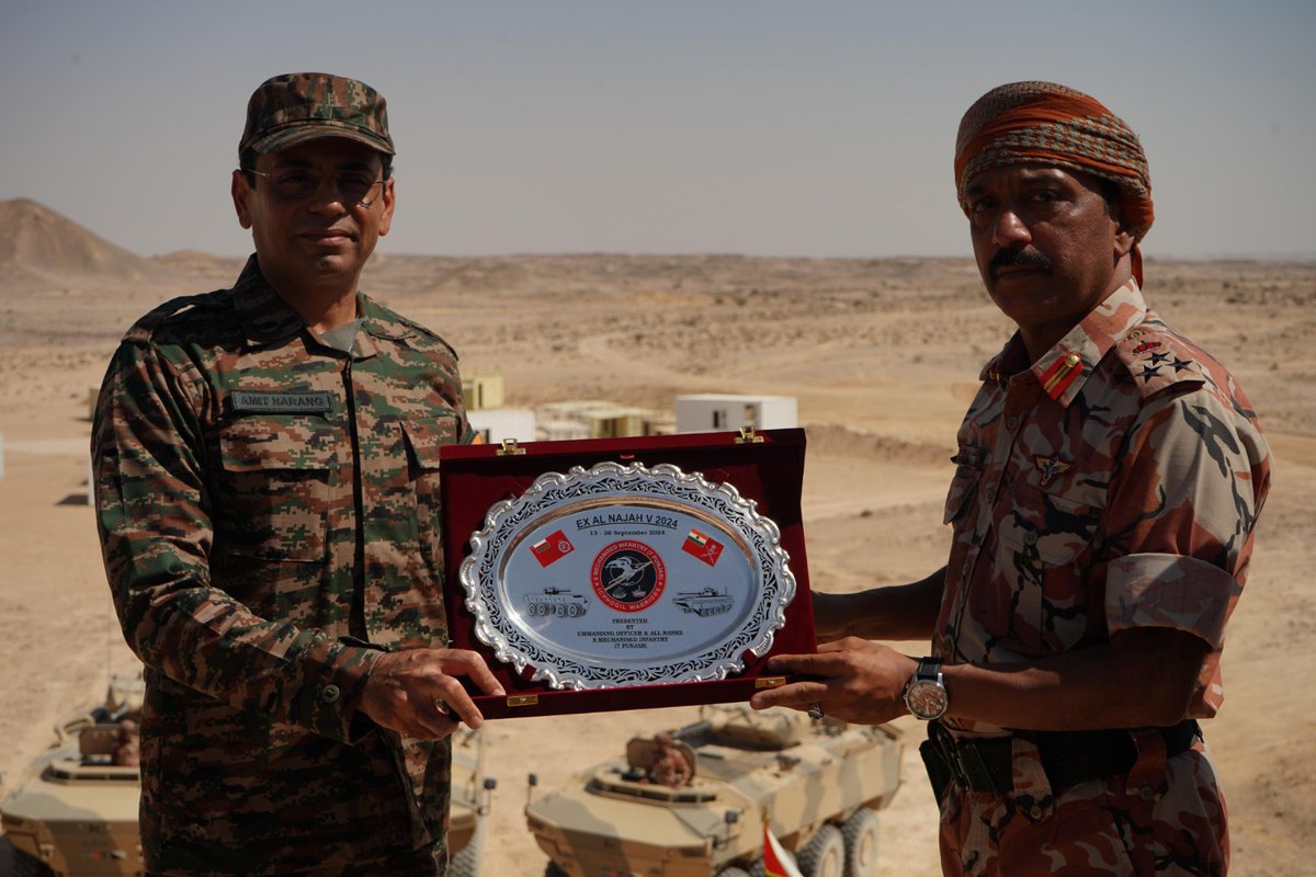 adgpi's tweet photo. Exercise #AlNajah 2024
The closing ceremony of the 5th edition of Exercise #AlNajah 2024 between #India and #Oman, was conducted at Rabkoot Training Area, Salalah, #Oman on 26 September 2024.
Closing ceremony was attended by Shri Amit Narang, Ambassador of #India to #Oman and Brigadier General Abdulkadhim Bin Imbrahim Al-Ajmi, #OmanArmy.
#IndianArmy
#IndiaOmanFriendship🇮🇳🇴🇲
@DefenceMinIndia
@SpokespersonMoD
@SWComd_IA
@Indemb_Muscat
@MG_MOD_OMAN
@Amit_Narang
