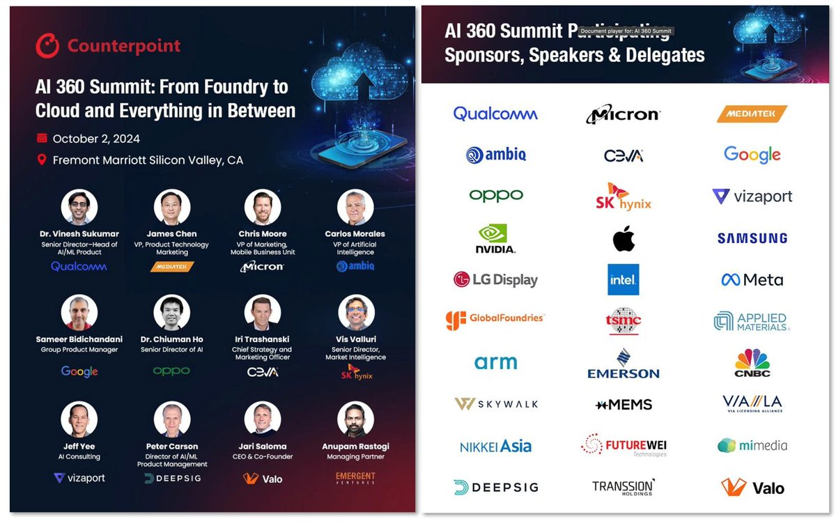 CounterPointTR's tweet photo. We are thrilled to announce that the #AI360Summit is just around the corner, scheduled for October 2nd at the Fremont Marriott in Silicon Valley.
This exclusive event brings together leading experts and industry executives to discuss the most significant trends shaping the future of #AI and #technology.
Key Highlights:
⢠Gain insights from thought leaders including Tom Kang, Neil Shah, Jeff Fieldhack, Peter Richardson, and Mohit Agrawal of Counterpoint Research.
⢠Explore cutting-edge discussions on AIâs transformative role across #tech applications â from #smartphones to the #edge.
⢠Engage with industry leaders and cultivate valuable #connections for strategic #growth.
Donât miss this opportunity to be part of the conversation.
More details of the event here:
https://t.co/DMyajoJzzA