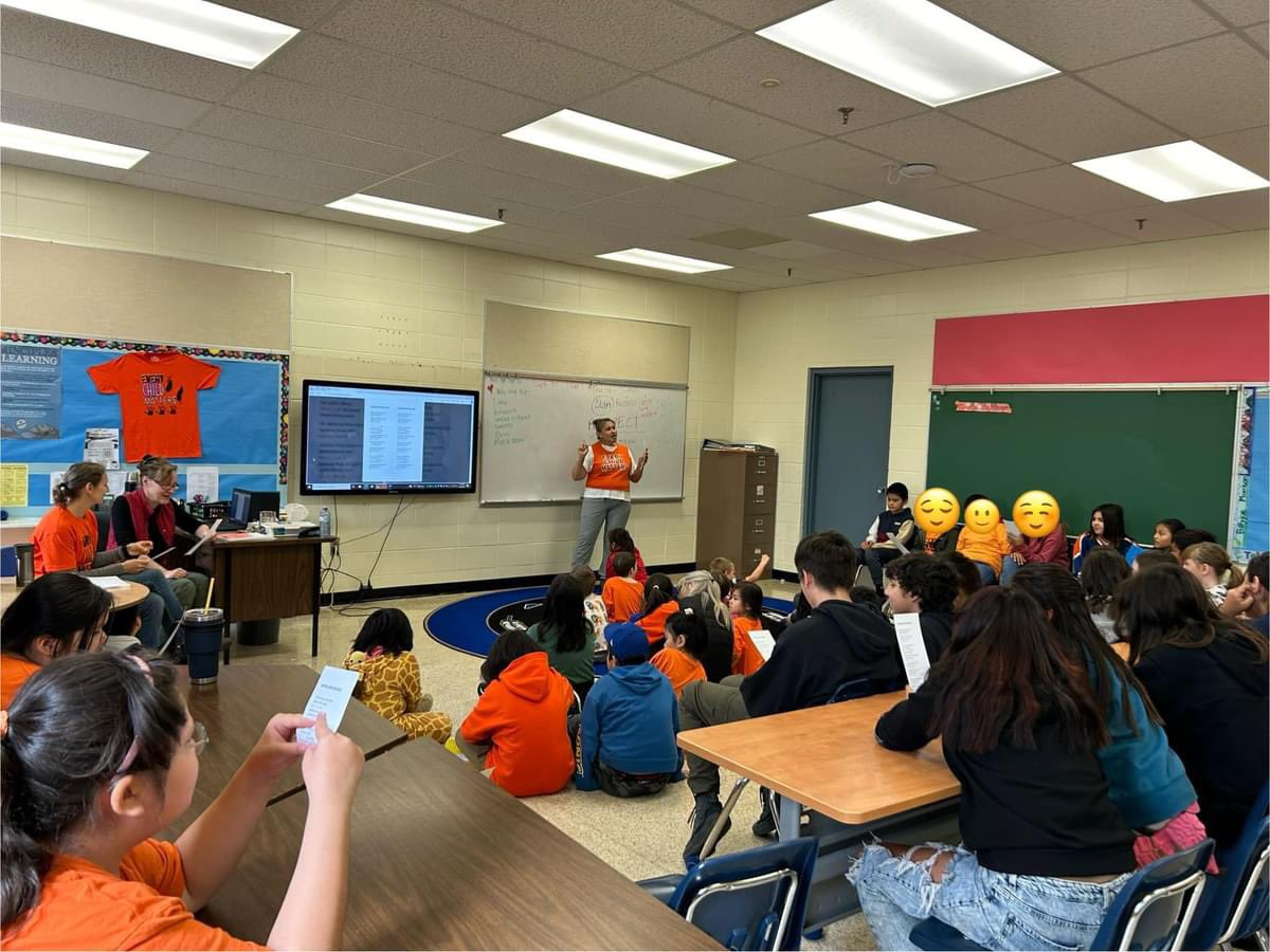 MissNameth's tweet photo. Today our school honoured Orange Shirt Day. We are so grateful that Sim’oogit Ska’yan was present today to speak with our students about Truth and Reconciliation and share few words in Sim'algyax 🧡🪶 https://t.co/GOj3IGPcK8