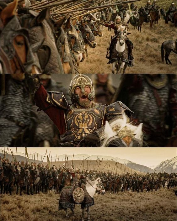 Arise, arise, Riders of Théoden!
Fell deeds awake: fire and slaughter!
Spear shall be shaken, shield be splintered,
a sword-day, a red day, ere the sun rises!
Ride now, ride now! Ride to Gondor!