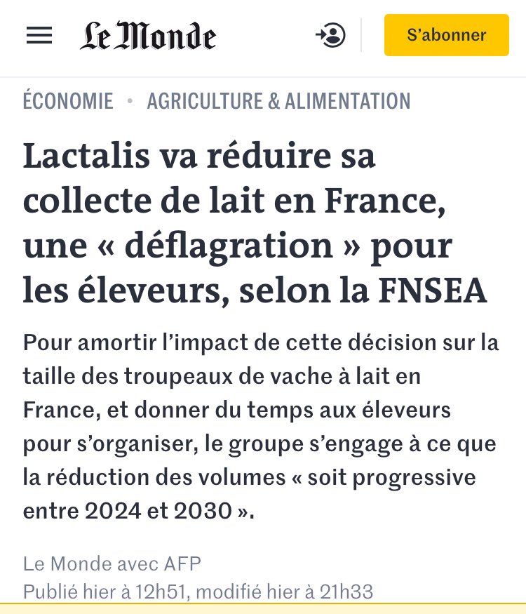 Surprise : le <a href="/groupe_lactalis/">Lactalis</a>  veut réduire sa collecte de lait en France.

Via le #CETA, l'accord UE-Nouvelle-Zélande &amp; d’autres, il peut se fournir où bon lui semble, au meilleur prix

Avec le soutien effectif de <a href="/EmmanuelMacron/">Emmanuel Macron</a> &amp; des promoteurs de ces accords de libre-échange