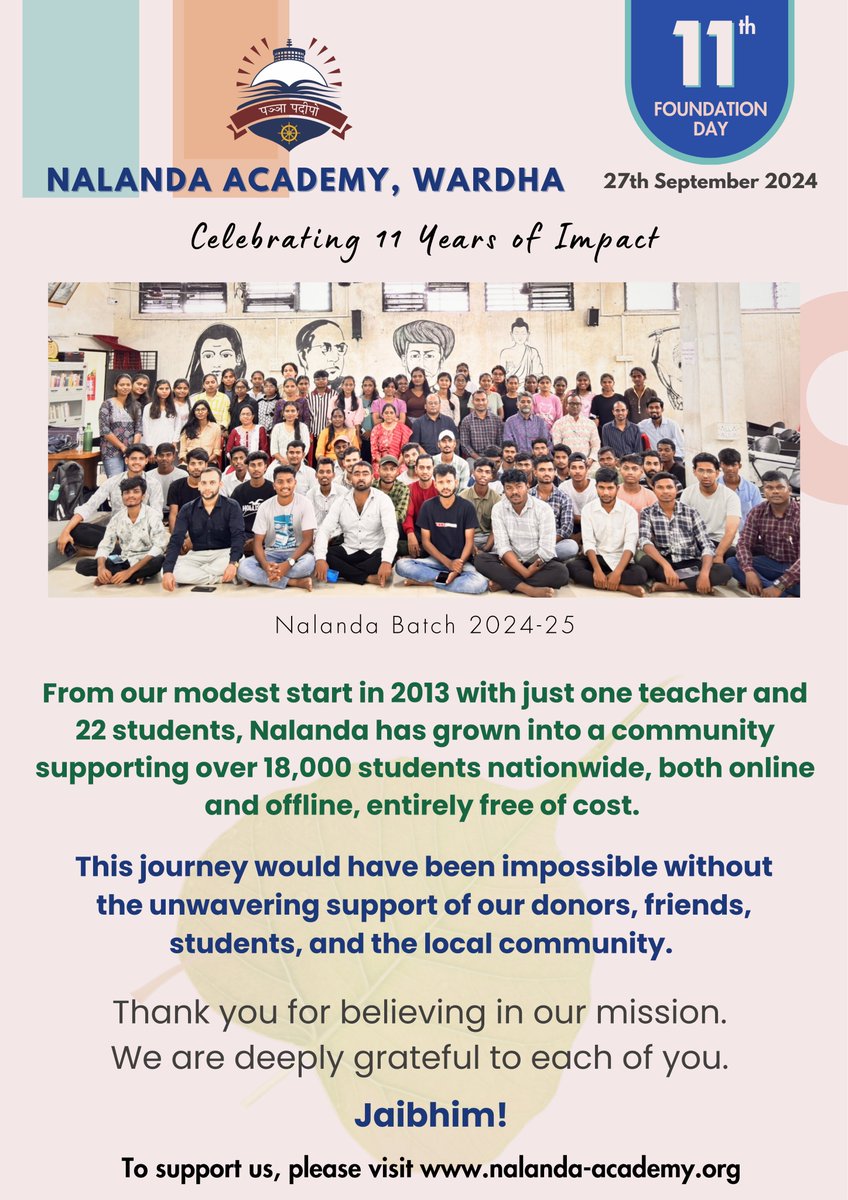 Anoopkheri's tweet photo. Today we are celebrating 11 years of Nalanda.

From our modest start in 2013 with just 1 teacher and 22 students, Nalanda today is providing academic support to over 18,000 students, free of cost.
Thank you all for believing in us.

Jai BhimI

To Support: https://t.co/fzTizETQlL https://t.co/xBbpUgVIHY