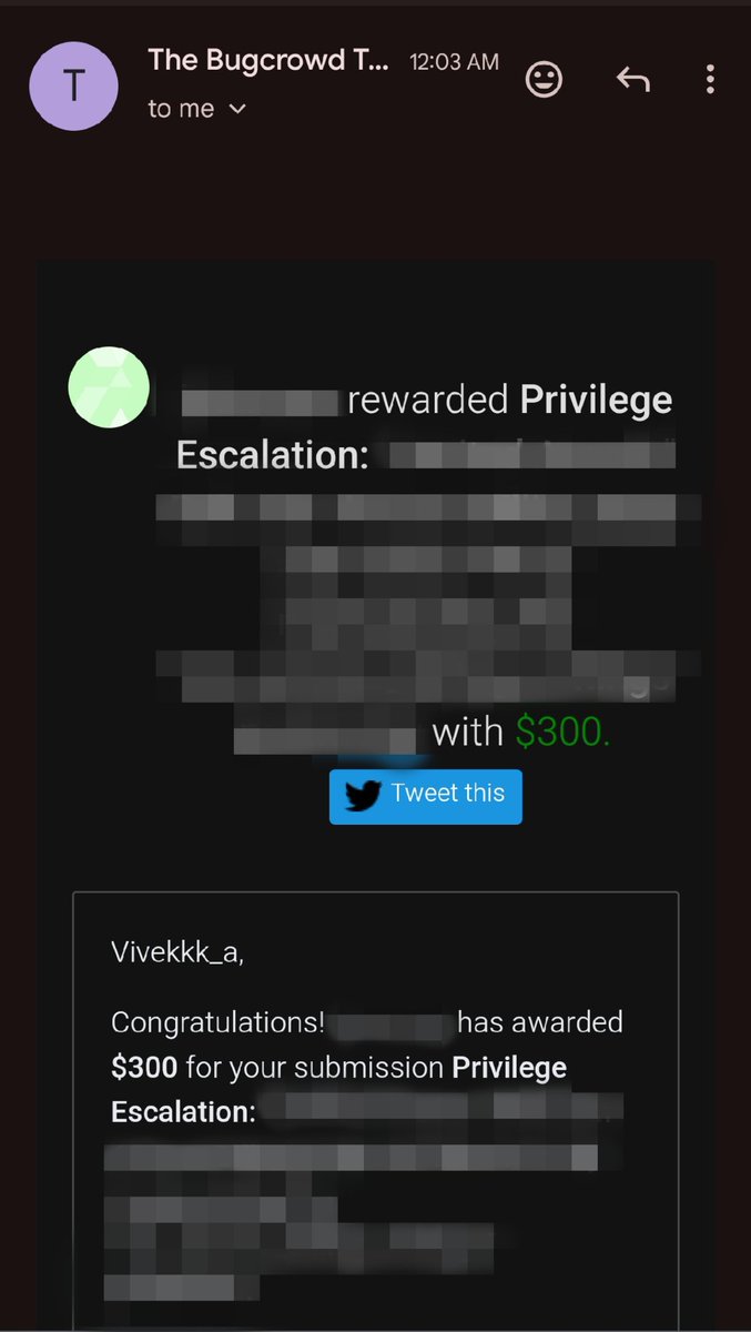Another privilege escalation vulnerability found on Bugcrowd 

 Thanks to <a href="/Rohan_Lew/">Rohan_lew</a>  for the incredible collaboration 💪🔐
<a href="/atif2816/">Atif Alam 🇮🇳</a> 🇮🇳  🇮🇳 
.
.
.
.
#bugbounty #cybersecurity #infosec #hacking #CybersecurityNews #bugbountytips
