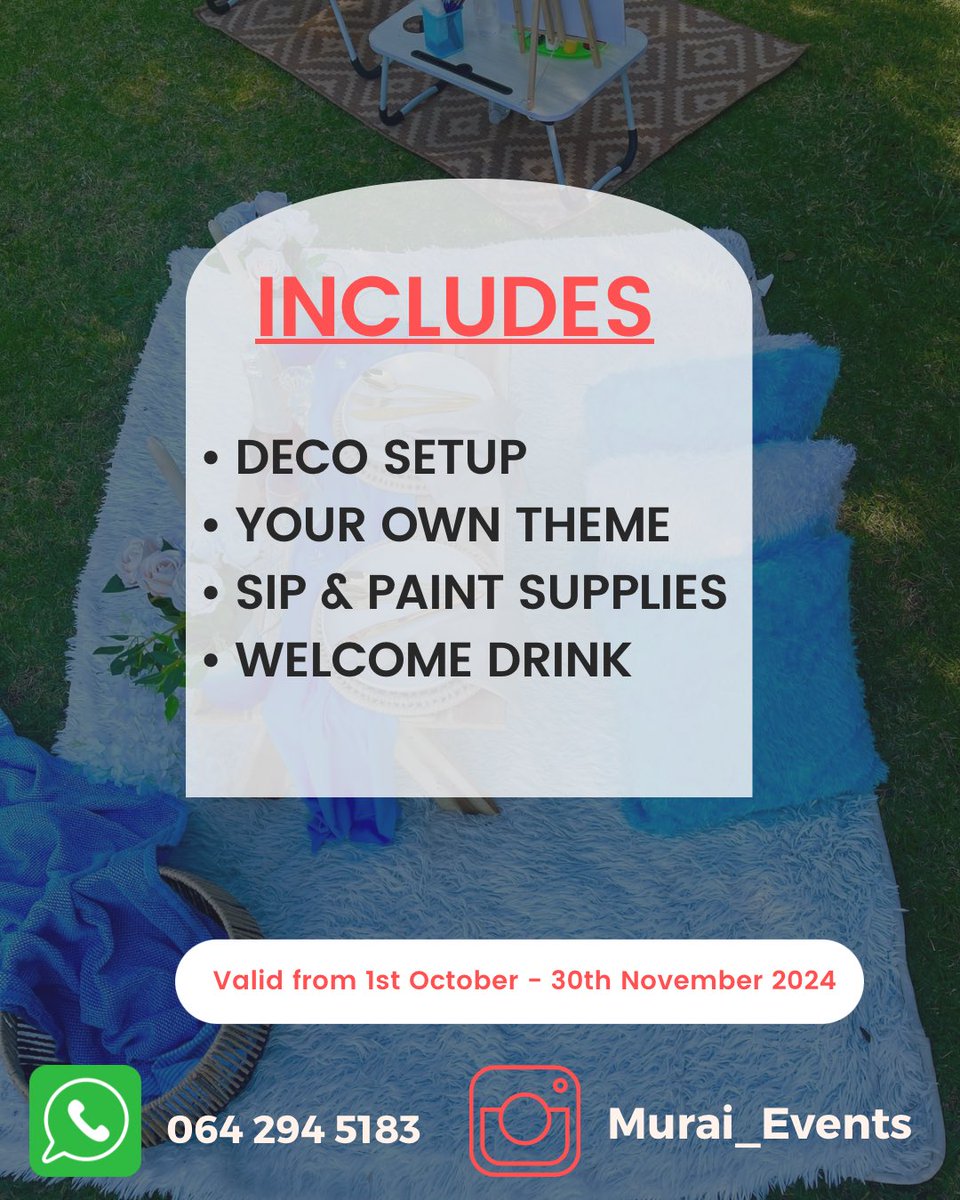 Maureen_Murai's tweet photo. Hey Joburg 🍃🌞 

Escape to romance at Walter Sisulu Botanical Gardens! For R800, enjoy a personalized picnic for two with a stunning setup, sip &amp; paint supplies, and a welcome drink. 

Create memories together in nature! 🥂✨ 

#GirlTalkZA #MuraiEvents https://t.co/RIVUG4JHSR