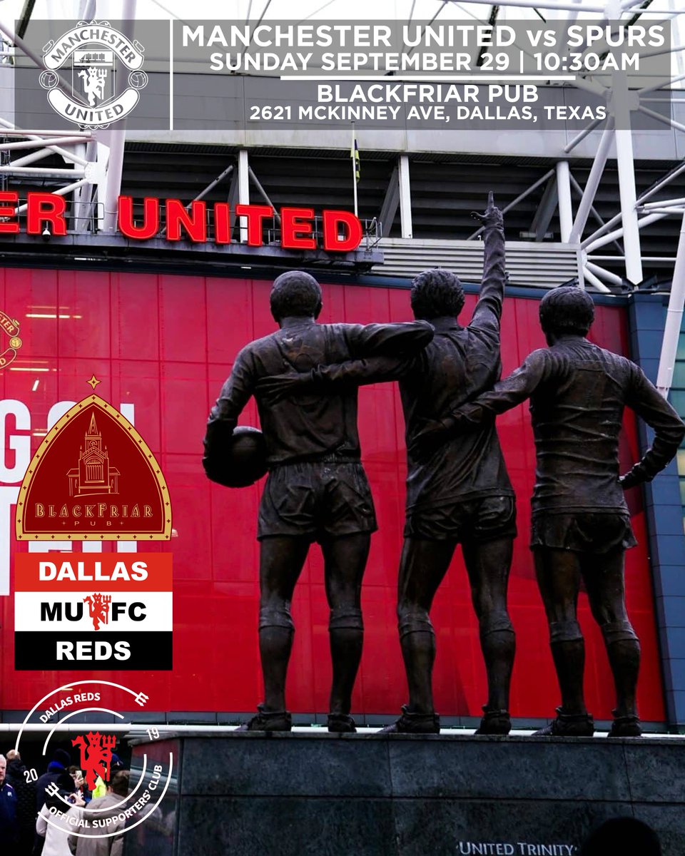 Come join the #DallasReds on Sunday at the <a href="/BlackfriarPub/">Blackfriar Pub</a> in #Dallas #Texas for the <a href="/ManUtd/">Manchester United</a> match against <a href="/SpursOfficial/">Tottenham Hotspur</a>.  Kickoff at 10:30AM

Event in Bio - Click 'Going'

Official #MUFC Members get 20% off 🍻🇾🇪
#UTFR #PremierLeague